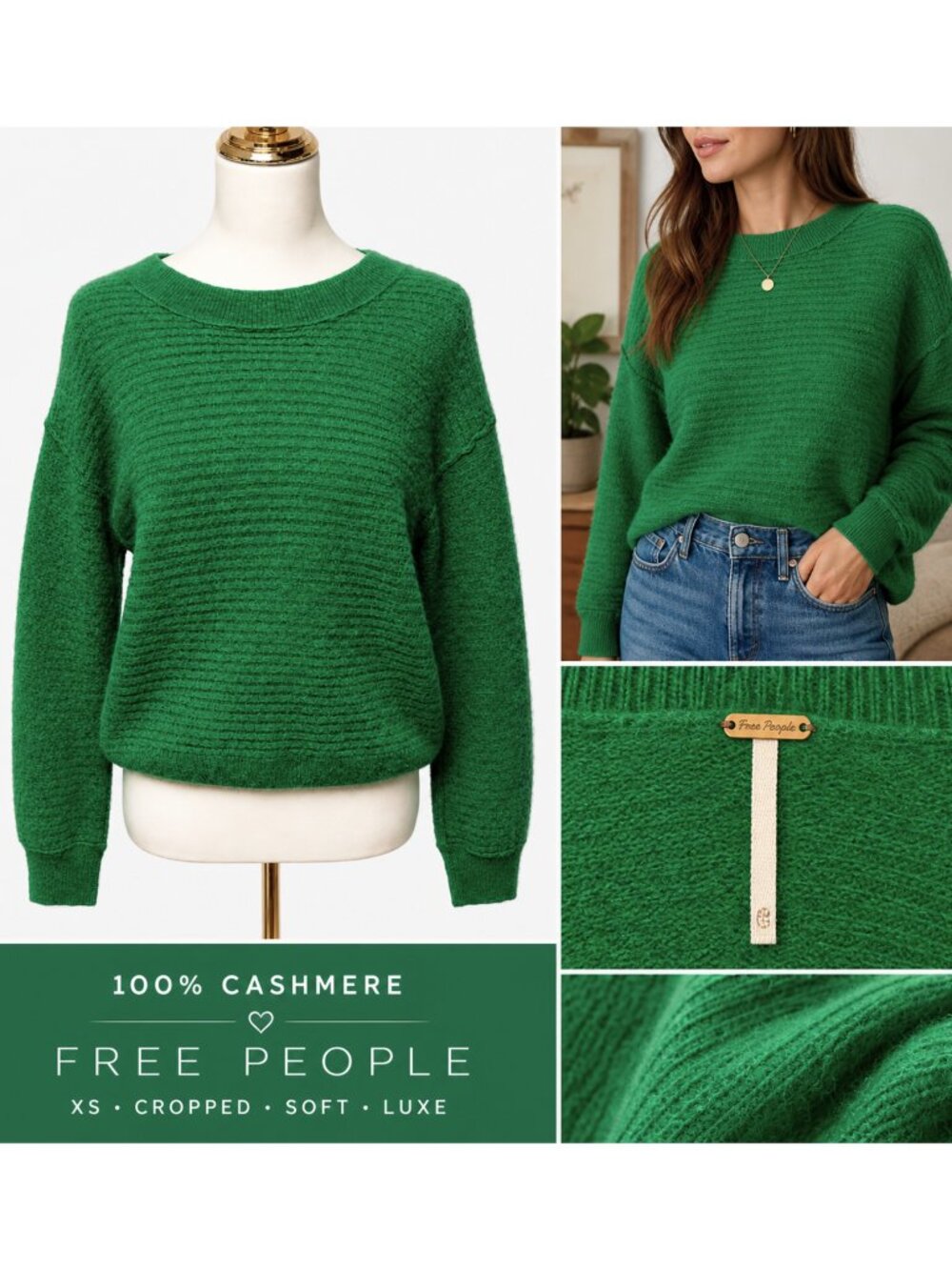 Free People 100% Cashmere Green Sweater XS Cropped Soft Luxe Knit
